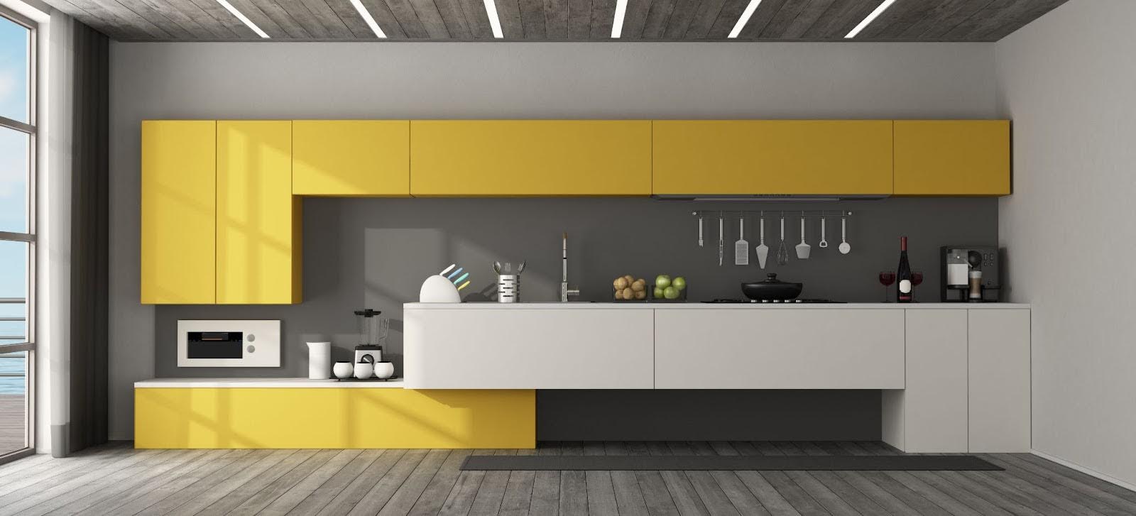 Modern kitchen with gray walls and two-tone yellow and white cabinet design.