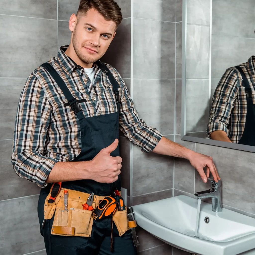 A contractor stands in front of a freshly remodeled kitchen.