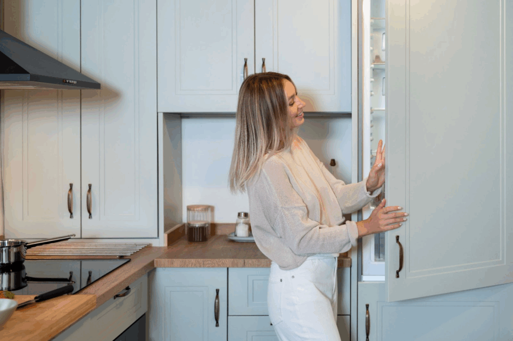 A woman is opening her fridge that has a cabinet looking door.