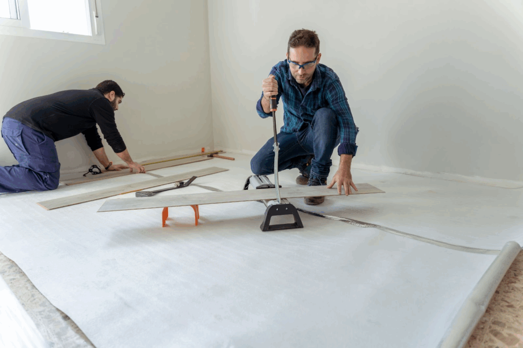 Two workers install laminate flooring in a newly built room.