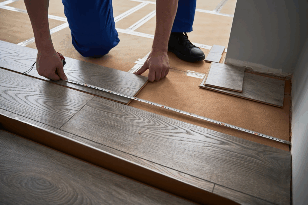 A shot of flooring services being performed by a man near the corner of a room.